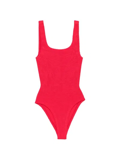 Hunza G Coverage Crinkle-effect Square-neck Swimsuit In Red