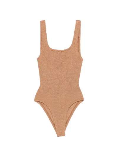 Hunza G Coverageb Crinkle-effect Swimsuit In Brown