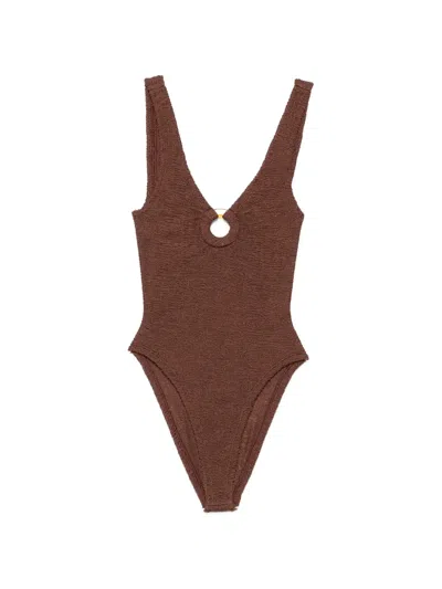 Hunza G Crinkle-effect Ring-detail Swimsuit In Brown