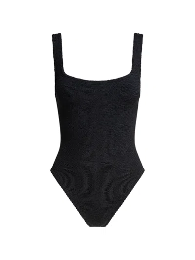 Hunza G High-cut Leg Square Neckline Textured Fabric In Black