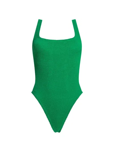 Hunza G Square Neckline High Leg Textured Beachwear In Green