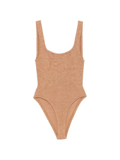 Hunza G Square-neck Crinkle-effect Swimsuit In Neutral