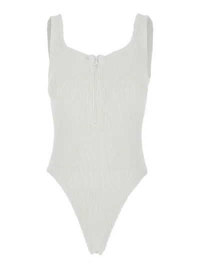 Hunza G Dallas White One-piece Swimsuit With Thin Straps And Front Zip In Stretch Tech Fabric Woman In Gray