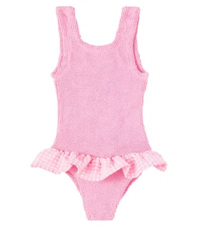 Hunza G Kids' Denise Gingham Ruffled Swimsuit In Pink