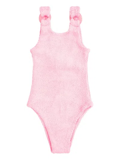 Hunza G Kids' Domino Crinkle Ring-detail Swimsuit In Pink