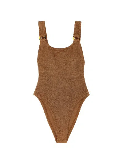 Hunza G Domino Seersucker-weave Swimsuit In Metallic Cocoa
