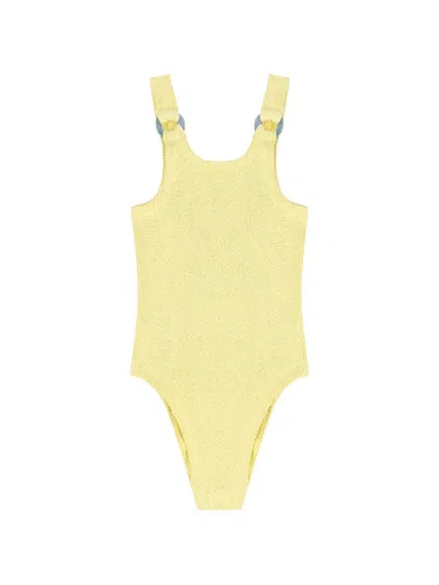 Hunza G Kids' Domino Crinkle-effect Swimsuit In Yellow