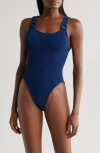 Hunza G Domino Seersucker One-piece Swimsuit In Navy