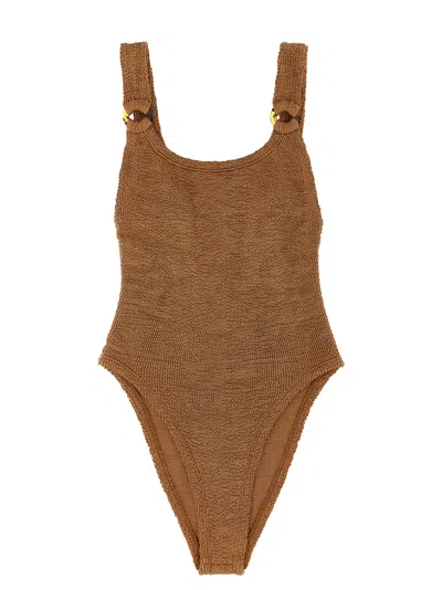 Hunza G Domino Seersucker-weave Swimsuit In Metallic Cocoa