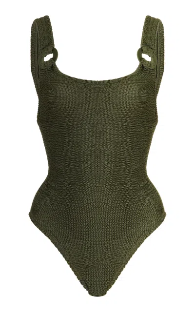 Hunza G Domino Ring-detailed Seersucker One-piece Swimsuit In Green
