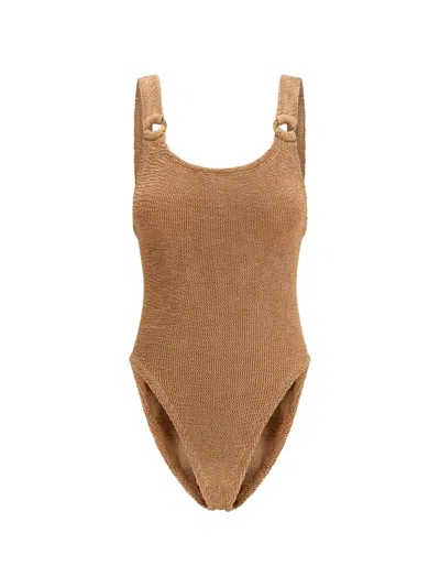 Hunza G Domino Seersucker-weave Swimsuit In Metallic Cocoa