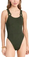 Hunza G Domino Ring-detailed Seersucker One-piece Swimsuit In Metallic Khaki