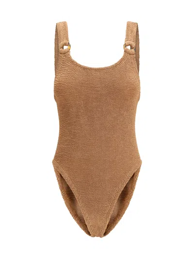 Hunza G Domino Seersucker-weave Swimsuit In Metallic Cocoa