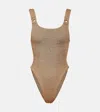 Hunza G Domino Seersucker-weave Swimsuit In Metallic Cocoa