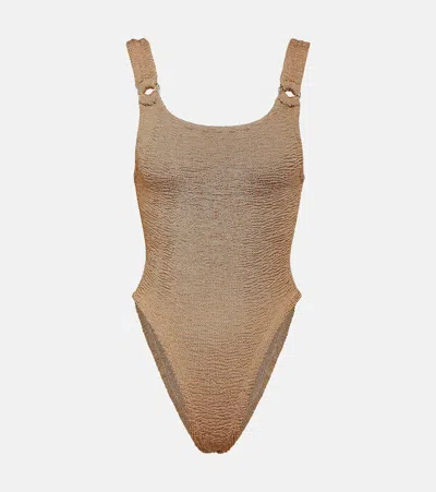 Hunza G Domino Seersucker-weave Swimsuit In Metallic Cocoa