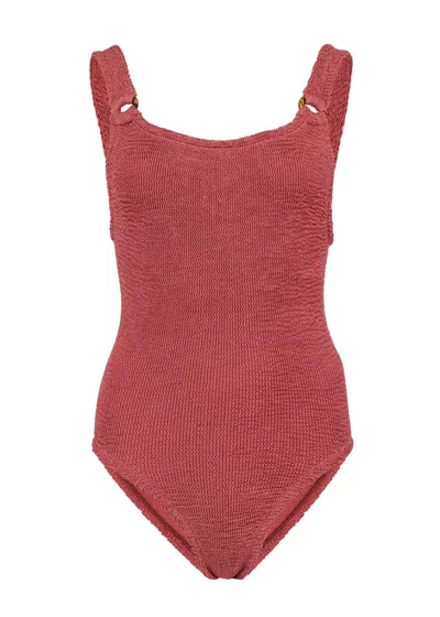 Hunza G Domino Swimsuit | One Size Body Shaping | Crinkle One-piece | Women's Swimwear | Metallic Rosewood R In Pink