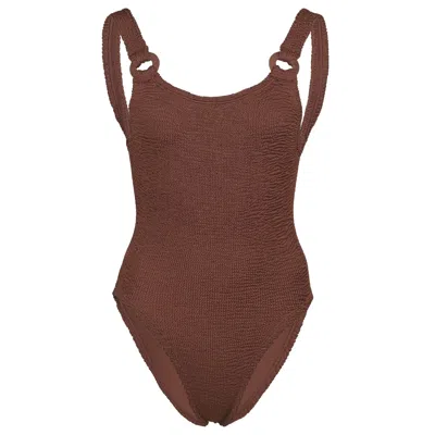 Hunza G Domino Swimsuit | One Size Fit Body Shaping | Crinkle Fabric One-piece | Designer Swimwear | Fabric  In Brown