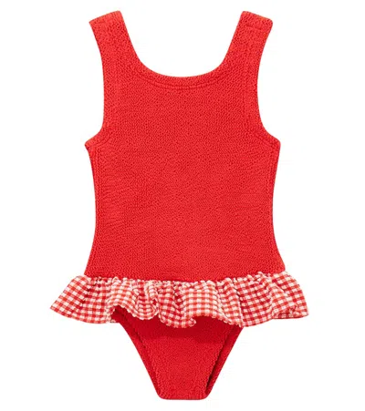 Hunza G Kids' Duo Denise Checked Ruffled Swimsuit In Red