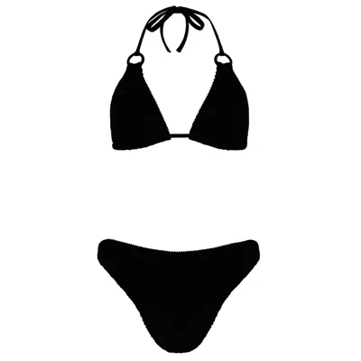 Hunza G Eva Bikini | One Size Fit Crinkle Swimsuit | Adjustable Strap Triangle Bikini Set | Tonal Hoops | Me In Black