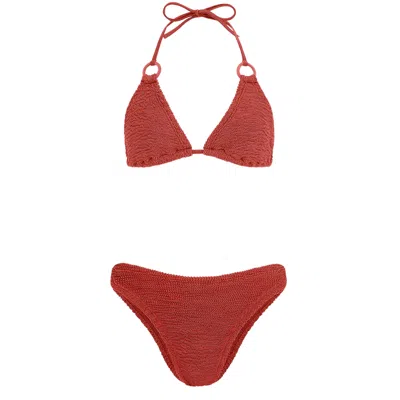 Hunza G Eva Bikini | One Size Fit Crinkle Swimsuit | Adjustable Strap Triangle Bikini Set | Tonal Hoops | Me In Red