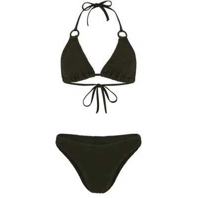 Hunza G Eva Bikini | One Size Fit Crinkle Swimsuit | Adjustable Strap Triangle Bikini Set | Tonal Hoops | Me In Green