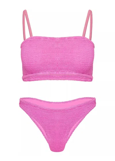 Hunza G Gigi Bikini | Figure Flattering Crinkle Swimsuit | Strappy Bandeau Style | High Leg Bubblegum Pink B