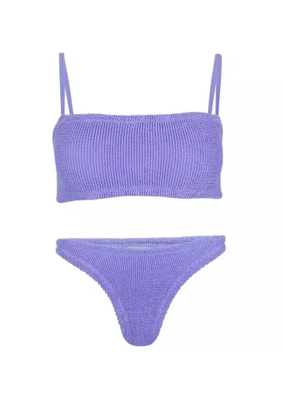 Hunza G Gigi Bikini | Figure Flattering Crinkle Swimsuit | Strappy Bandeau Style | High Leg Lilac Bikini Set In Purple