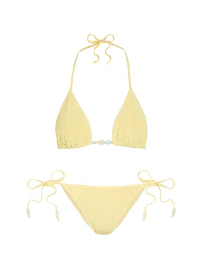 Hunza G Gina Beaded Crinkle-effect Bikini In Yellow