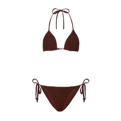 Hunza G Triangle Bikini Top Beaded Detail Swimwear In Brown