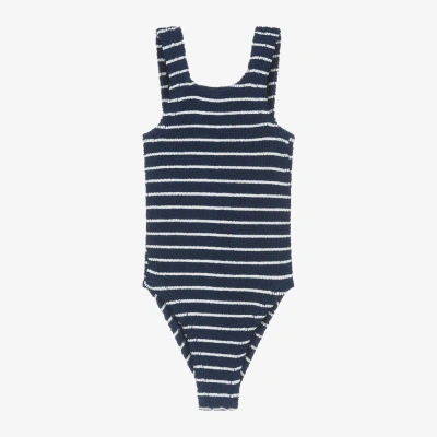 Hunza G Kids' Girls Navy Blue Stripe Crinkle Swimsuit