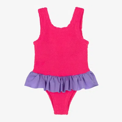 Hunza G Kids' Girls Pink Crinkle Frill Swimsuit In Red