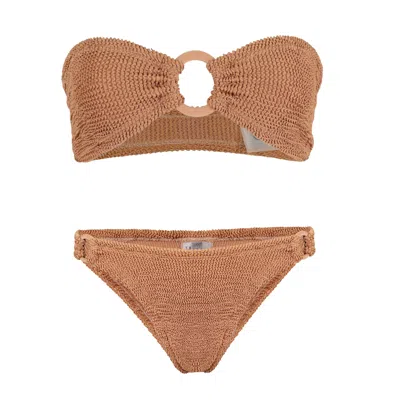 Hunza G Gloria Bikini With Fabric Covered Hoops | One Size Bandeau Style Crinkle Swimsuit | Strapless Bikini In Brown