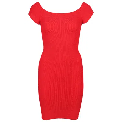 Hunza G Grace Dress | One Size Bodycon Fit Crinkle Fabric | Womens Body Shaping Elegant Dress | Off The Shou In Red