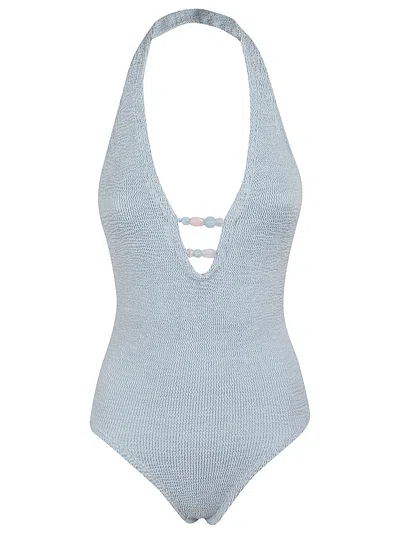 Hunza G Halter Neck One-piece Swimsuit With Beaded Accents In Blue