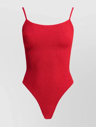 Hunza G High-cut Leg Spaghetti Straps Textured Fabric In Red