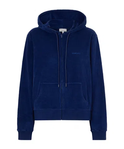 Hunza G Hooded Embroidered Cotton-terry Top In Blue