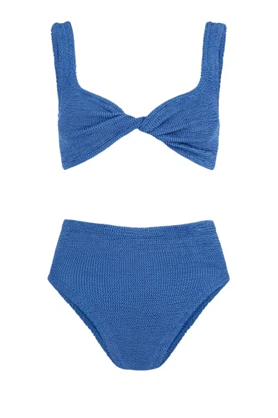 Hunza G Juno Twist-front Metallic Seersucker Bikini In Blue