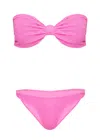 Hunza G Jean Bikini Set | One Size Fit Crinkle Strapless Swimsuit | Womens Designer Swimwear | Bow Style Ban In Pink