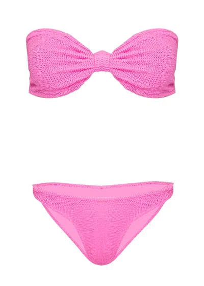Hunza G Jean Bikini Set | One Size Fit Crinkle Strapless Swimsuit | Womens Designer Swimwear | Bow Style Ban In Pink
