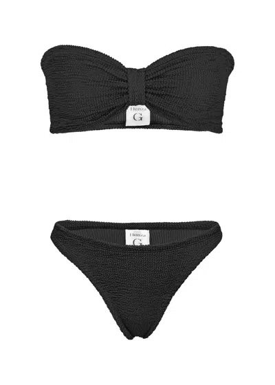 HUNZA G JEAN BIKINI SET | ONE SIZE FIT CRINKLE STRAPLESS SWIMSUIT | WOMENS DESIGNER SWIMWEAR | BOW STYLE BAN