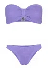 Hunza G Jean Bikini Set | One Size Fit Crinkle Strapless Swimsuit | Womens Designer Swimwear | Bow Style Ban In Purple