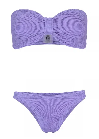 Hunza G Jean Bikini Set | One Size Fit Crinkle Strapless Swimsuit | Womens Designer Swimwear | Bow Style Ban In Purple