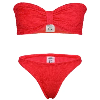 Hunza G Jean Bikini Set | One Size Fit Crinkle Strapless Swimsuit | Womens Designer Swimwear | Bow Style Ban In Red