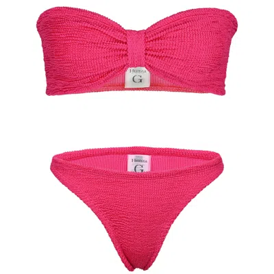 Hunza G Jean Bikini Set | One Size Fit Crinkle Strapless Swimsuit | Womens Designer Swimwear | Bow Style Ban In Pink