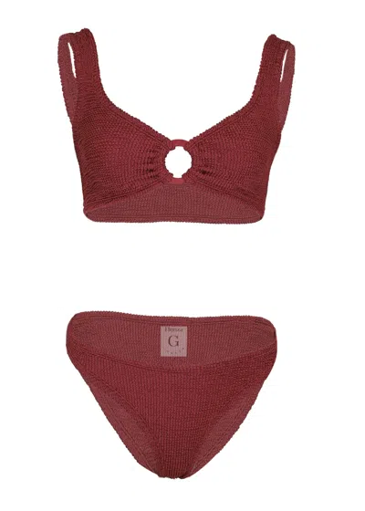 Hunza G Julia Bikini Fabric Covered Hoops Metallic Rosewood In Burgundy