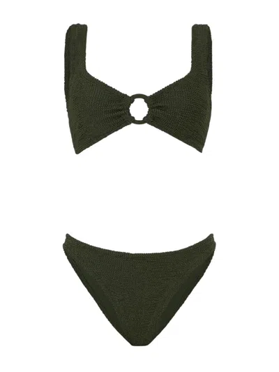 Hunza G Julia Bikini With Tonal Circles In Metallic Khaki In Black