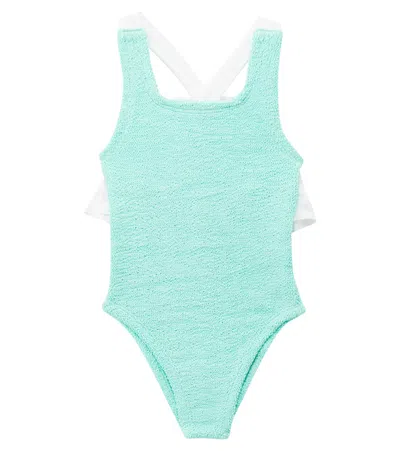 Hunza G Kids' Lara Bow-detail Ruffled Swimsuit In Blue