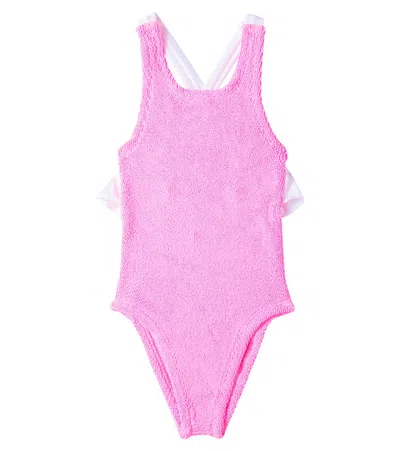 Hunza G Kids' Lara Bow-detail Ruffled Swimsuit In Pink
