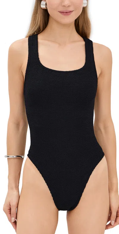 Hunza G High-cut Leg Square Neckline Textured Fabric In Black