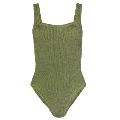 Hunza G Metallic One Piece Swimsuit In Moss/green | Square Necked Women's Swimsuit | Low Back Body Shaping S